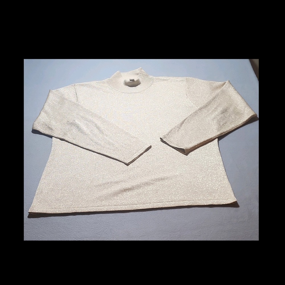 Talbots Beige Metallic Knit Pullover Sweater Solid Mock Neck Long Sleeve L